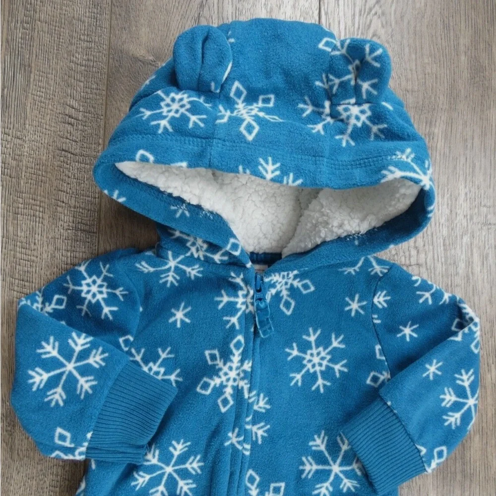 Carter's 9 Month Fleece‎ Hooded Blue Snowflake Outfit one piece zip